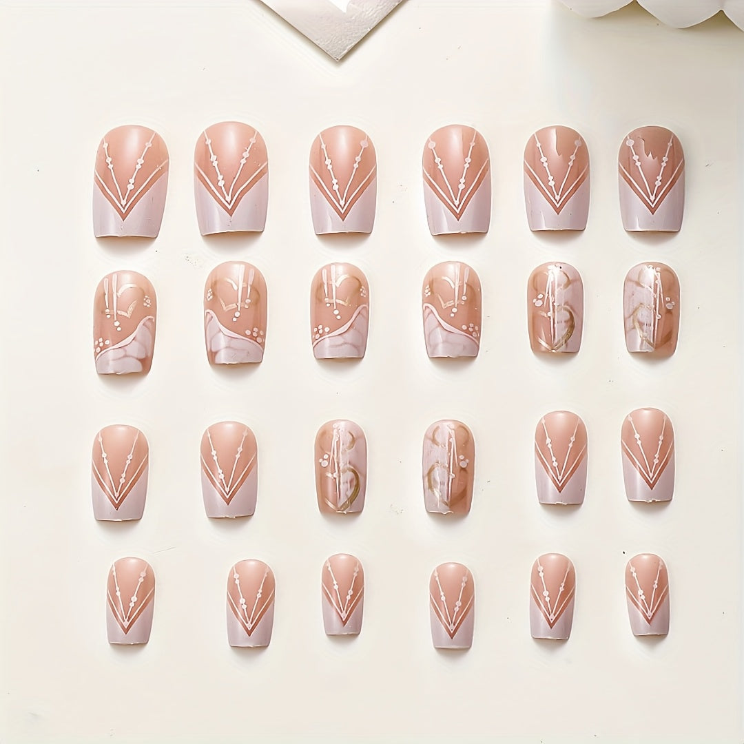 [Glossy Press-On Nails] 24pcs Square Medium-Length Press-On Nails | White & Pink Glossy Fake Nails with Cloud & Heart Designs - Includes Jelly Glue & Nail File for Daily & Holiday Wear