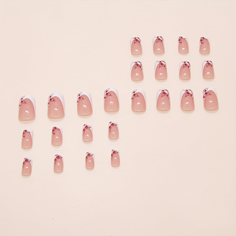 24pcs Short Square Press-On Nails with White French Rose Flower & Red/White Tip Design - Glossy Clear Tips, Intricate Floral Patterns, Short Lengths for Parties, Dance, Casual Attire - Reusable & Removable Full Set (Red, Whit