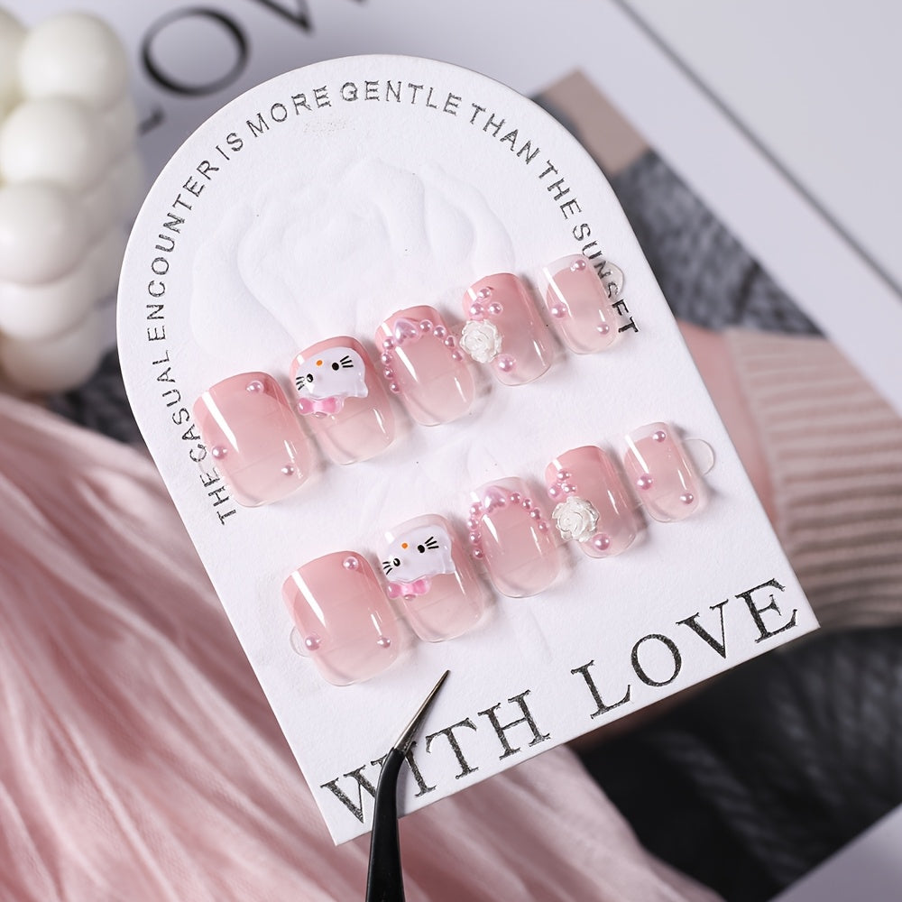 24pcs for hello kitty Nail Stickers - Cute Cartoon Design, Glossy Finish, Removable Press-On Nails for Manicure & Pedicure, Perfect for Hand & Foot Care, Nail Art Supplies | Cartoon Nail Art | Glossy Finish Nails, Nail Decora
