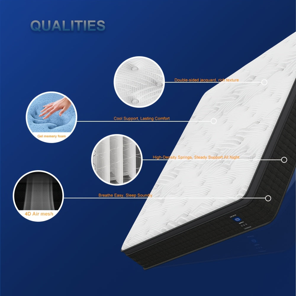 MRH 12-Inch White Box-Style Hybrid Mattress with Memory Foam & Individually Pocketed Springs - Fire-Resistant, Firm Support for Home Guest Rooms & Hotels, No Power Needed, Durable & Comfortable Sleep Solution, Hotel Bedding,