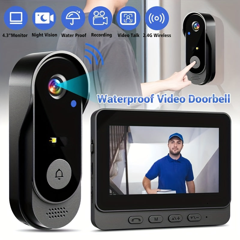 Smart HD WiFi Doorbell, High Quality High-Quality Wireless Camera with Night Vision, Voice Converter, Photos & Videos, 4.3-Inch Screen, 365-Day Standby, Infrared Night Light, Expandable to 128GB Storage, Auto-Recording and Li