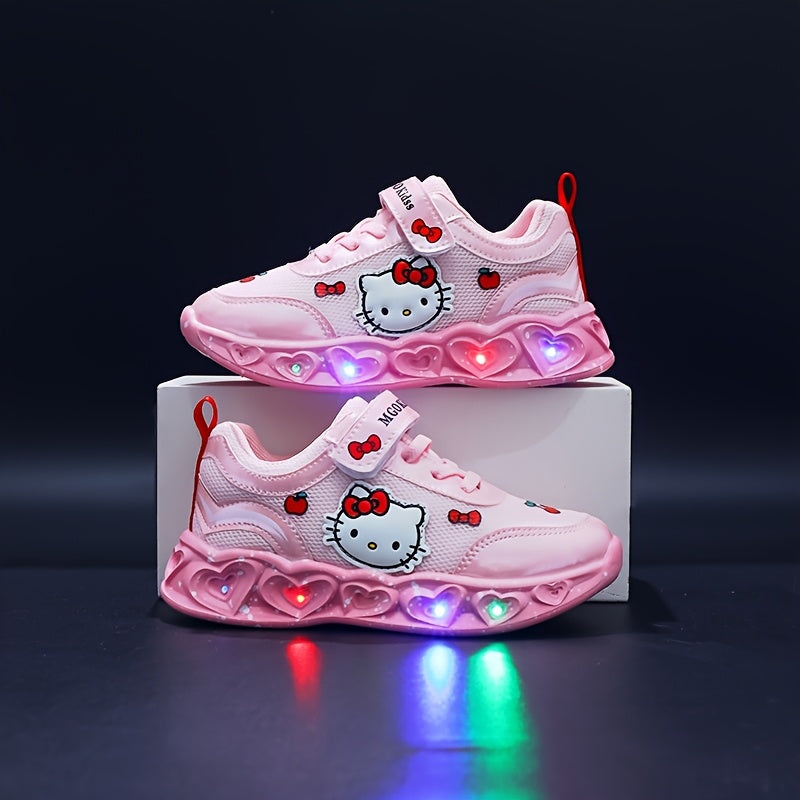 Girls' Glow-In-The-Dark Sneakers with Lights - Pink & White Kitty Design, Soft EVA Cushioned Insole & Durable PVC Sole, Breathable Mesh & Fabric