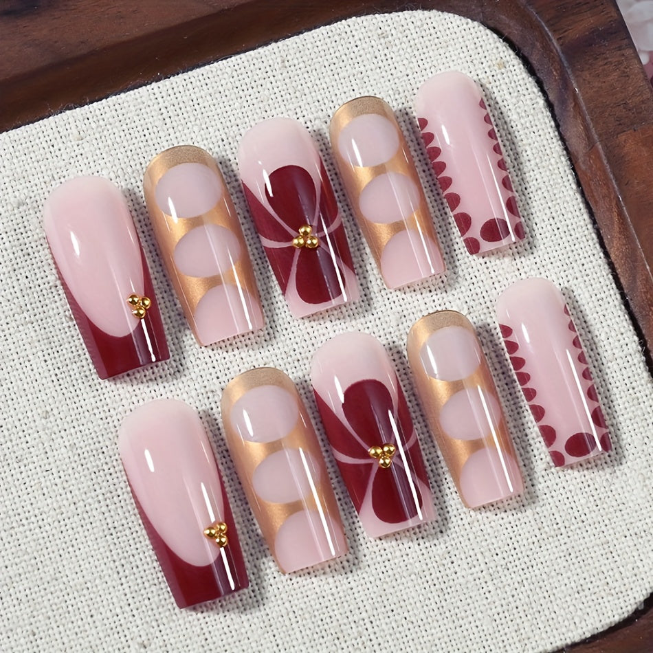 24pcs French Style Press On Nails Set - Glossy Pink, Red & Golden Ballet Shape Medium Length Fake Nails with Jelly Glue & Nail File, Easy Application Salon-Quality DIY Manicure Kit for, Parties, Weddings, Daily Wear (24 Nails