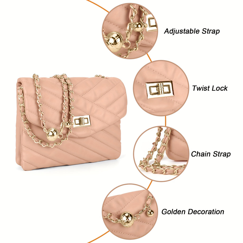 New Fashion Diamond Lattice Soft Chain Bag, Leisure And Simple With Pure Color PU Ladies Daily Travel Crossbody Bag