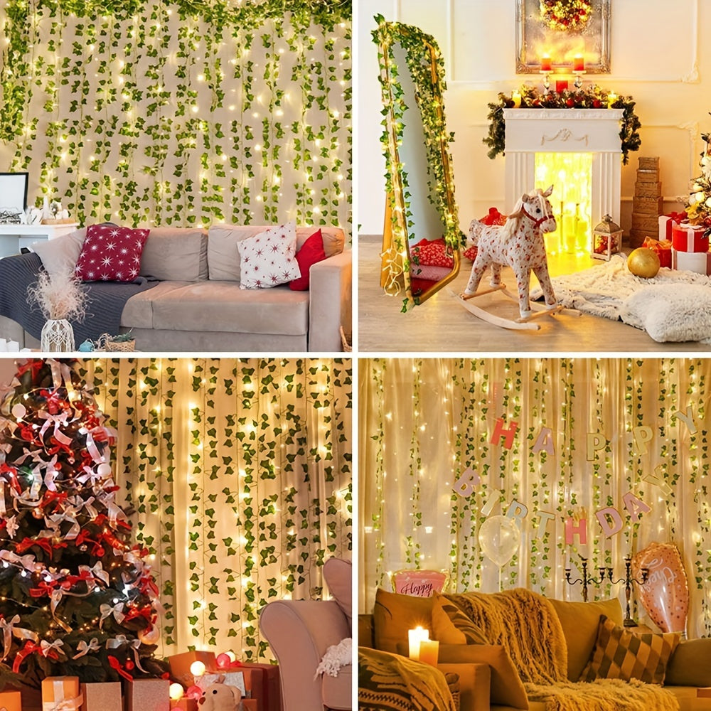 [Artificial Ivy Fairy Lights] 12pcs 100 LED Ivy Fairy Lights, 10m Artificial Ivy Garland | Artistic Vine with Fairy Lights, Suitable for Weddings, Parties, Gardens, Balconies, with 20 Vine Fixers