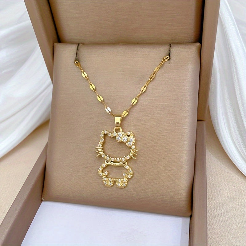 [Hello Kitty Charm Necklace] Sanrio for hello kitty Charm Necklace - Elegant Titanium Steel Lockbone Chain with Sparkling Cubic Zirconia Pendants, Perfect for Daily Wear & Special Occasions, Ideal Valentine's Day Gift, Casual