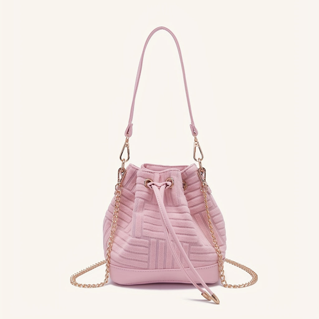 Mini Drawstring Metal Chain Crossbody Bucket Bag, Dacron Textured Bag Purse, Classic Versatile Fashion Shoulder Bag