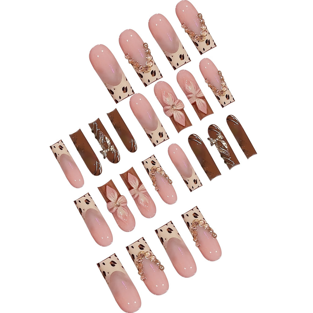 24pcs Elegant Drop-Shaped Long Press-On Nails Set, Glossy Nude & Brown Tone, with 3D Floral & Butterfly Knot Design, Leopard Print & Glitter Accents, Includes Nail File and Jelly Glue, for Women and Girls