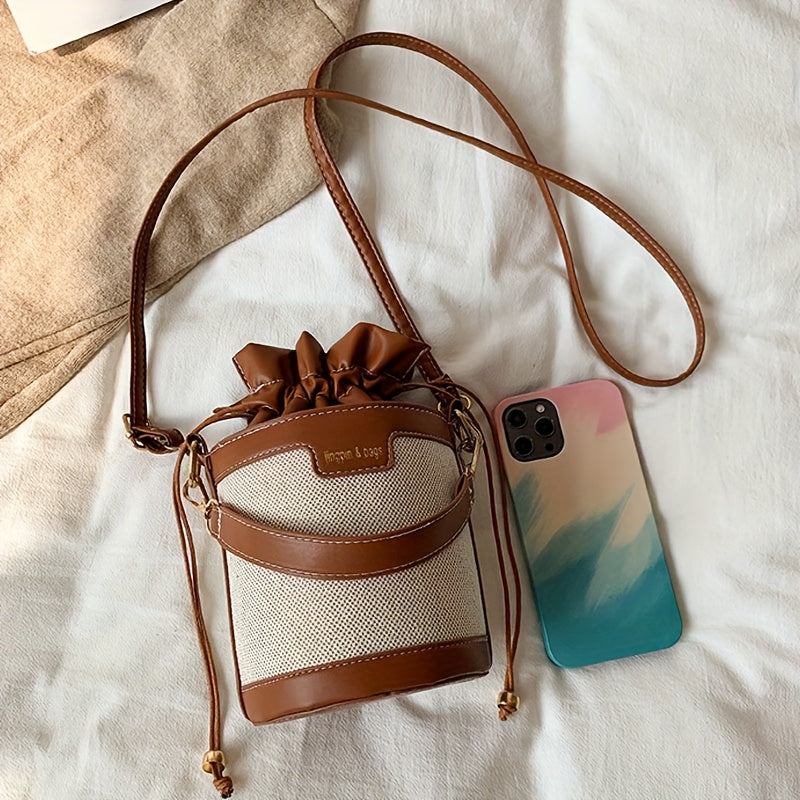 [Vintage Bucket Bag] Lightweight Vintage Style Shoulder Bucket Bag for Women | Messenger Bag with Adjustable Strap, Drawstring Closure, Polyester Lined, No Pattern - Crossbody Bag