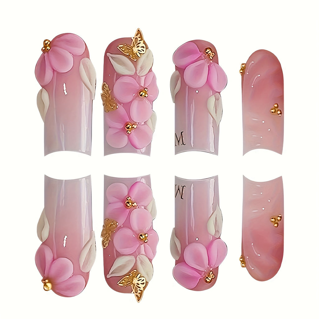 24pcs set of medium square French-style sweet floral elegant white-pink gradient light luxury 3D Golden butterfly glitter nails, suitable for all women and s. Comes with a nail file and jelly glue in the box for easy applicat
