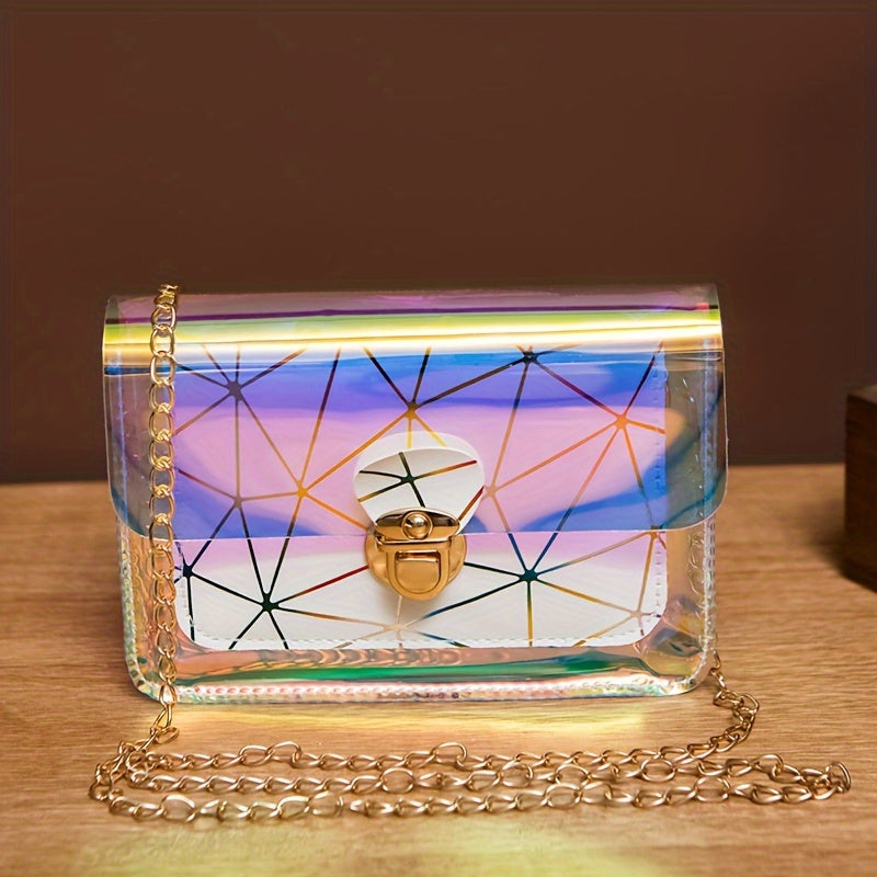 Chic Laser-Cut Transparent Crossbody Bag for Women - Fashionable Striped PVC Shoulder Purse with Chain Strap, Versatile & Colorful