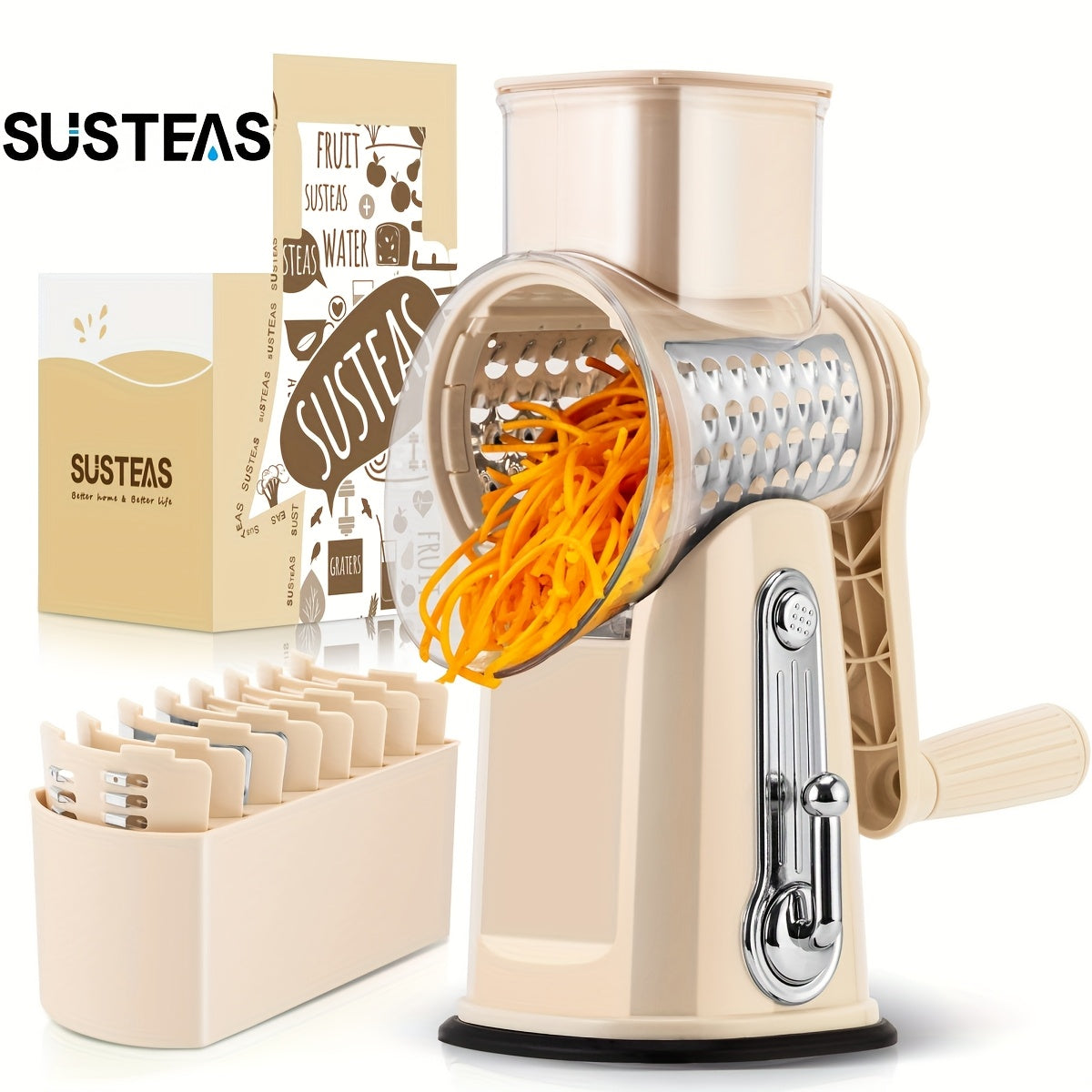 Rotary Cheese Grater With Handle - Vegetable Shredder With 5 Well-designed Blades & Strong Suction Base, Round Mandoline Slicer & Food Chopper For Kitchen, With Blade Storage Box(Beige, Retro Green)