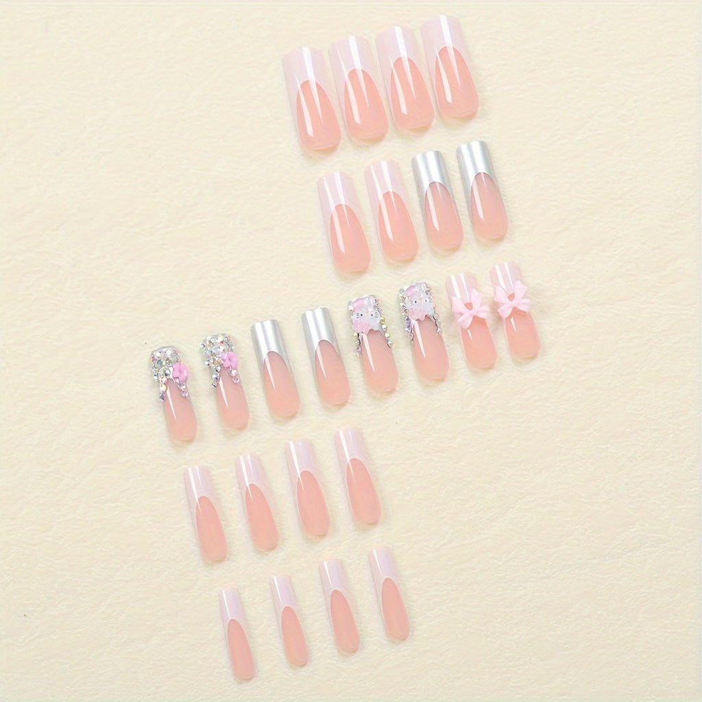24-Piece Set of Super Long Square Shaped Glossy Press On Nails - Featuring Hello Kitty 3D Glitter Charms, Pink Floral Patterns, and Bow Embellishments for Glamorous Daily Use, Dates, and Parties - Includes Easy-Apply Jelly Ad