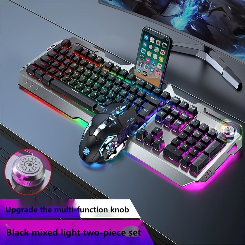 Ergonomic Gaming Keyboard - Wired, Faux Mechanical Feel, LED Color Backlight, USB Connection, 104 Keys Full Metal Panel, Multimedia Knob And Laptop Phone Holder Gift for Your Family Boyfriend