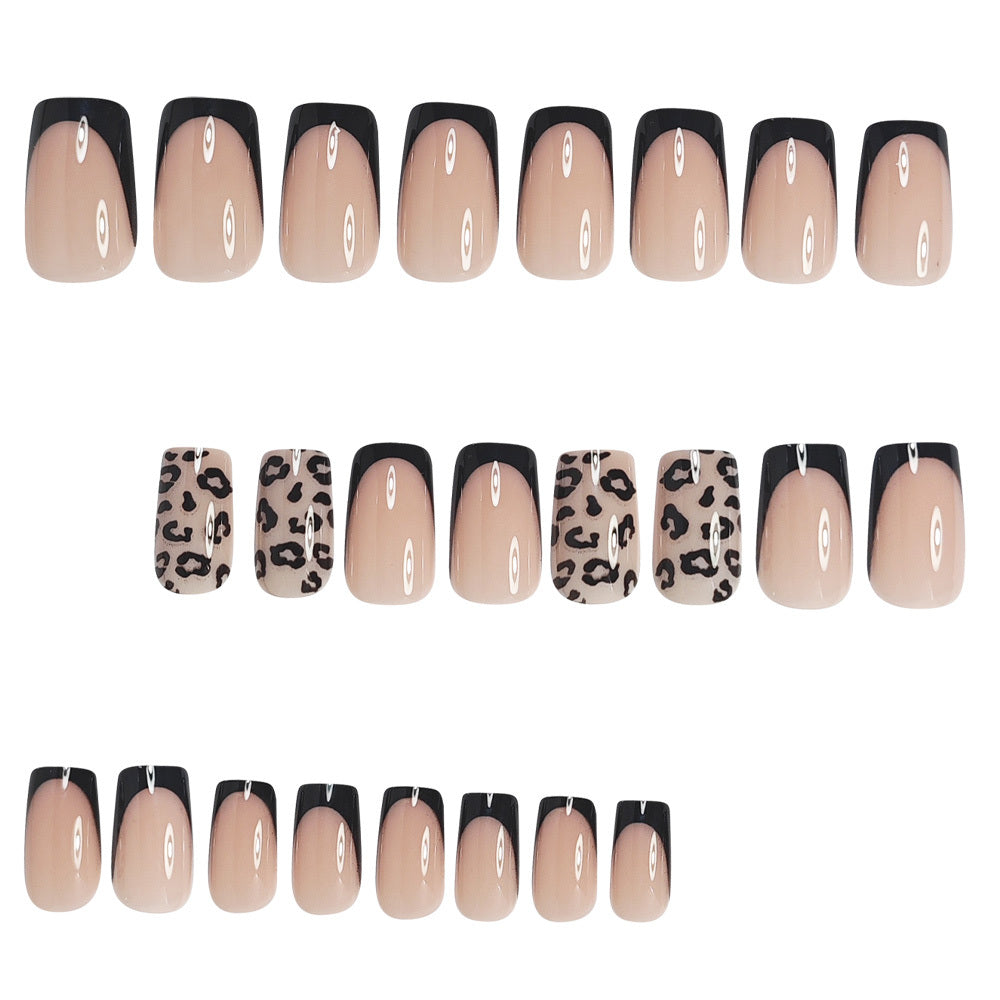 24pcs Black French-Style Minimalist Glossy Fake Nails with Leopard Print Design, Press-On Nails for Women and, Suitable for Daily Wear and Dating, Includes Jelly Glue and Nail File, Quick Nail Art, French Style Nails, Durable