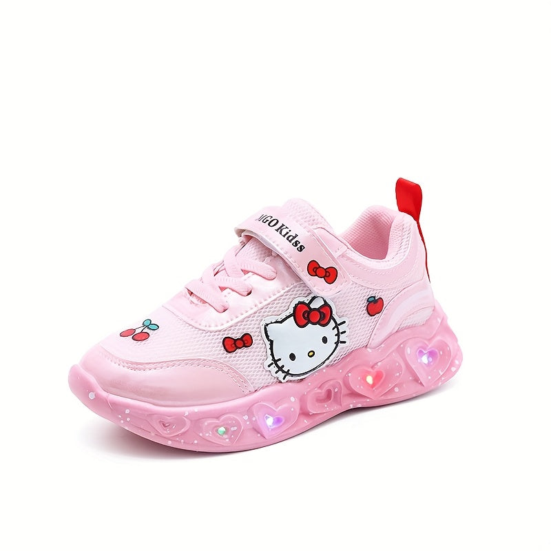 Girls' Glow-In-The-Dark Sneakers with Lights - Pink & White Kitty Design, Soft EVA Cushioned Insole & Durable PVC Sole, Breathable Mesh & Fabric