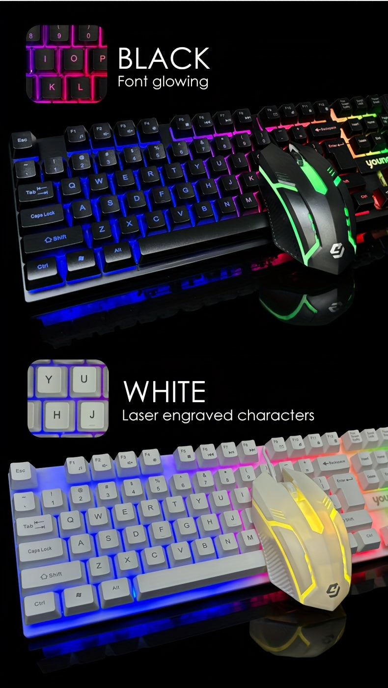 [Rainbow Backlit Gaming Set] Rainbow Backlit Wired Gaming Keyboard and Mouse Set | 19-Key Rollover, Adjustable Brightness, 2 Lighting Modes, Ergonomic Design, Hotkeys, Media Keys, USB Powered, No Battery, for Home Entertainme