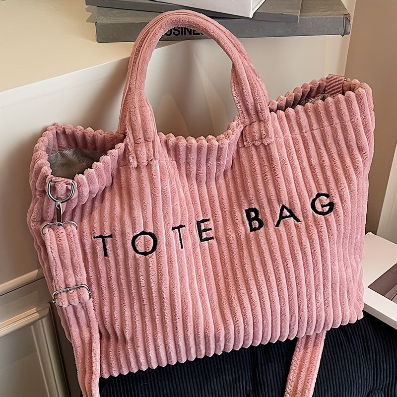 Women's Fashion Solid Color Corduroy Large Capacity Tote Bag, Letter Pattern with Contrast Design Adjustable Shoulder Strap Crossbody Purse Versatile Simple Casual Sling Classic Square Work Handbag for Office Shopping Dining