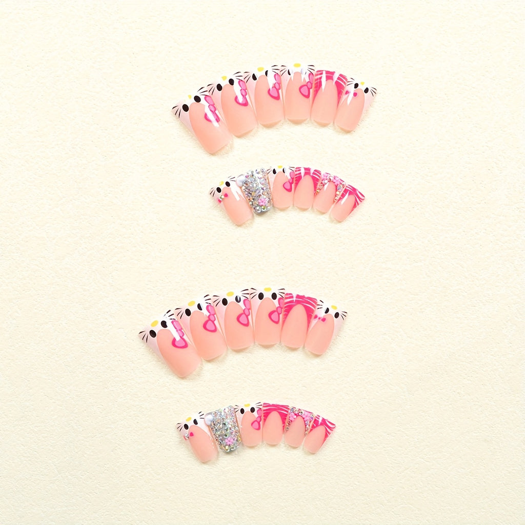 24pcs Duckbill Nail Stickers Sanrio Cute for hello kitty Pattern French 3D Colorful Glitter White Heart Rhinestone Pink Flower Rhinestone Long Nail Set with: One Piece of Jelly Glue and One Piece of Rubbing Strip Fashion Dail