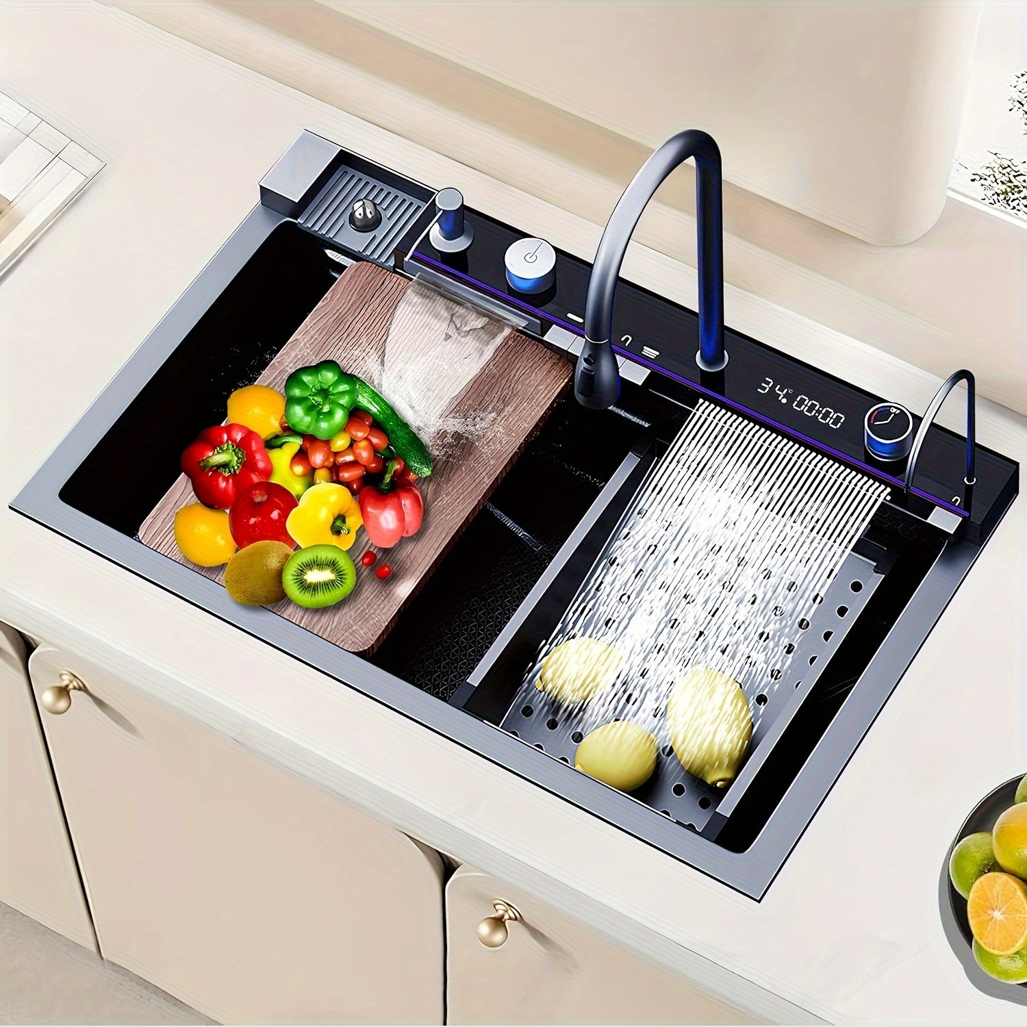 Digital Display Waterfall Sink, Single Bowl Kitchen Sinks, Stainless Steel Bar Sink With Pull Down Sprayhead Faucet, Smart Modern Kitchen Sink, Full Set Of Accessories, Gun Gray & Brushed Golden, 1 Set