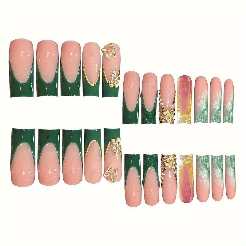 24-Piece Green Square Medium Length Press-On Nails with Golden Butterfly Glitter Design, Glossy Finish, Animal Pattern, Includes Nail File and Jelly Adhesive for Easy Application - Suitable for Women and Girls