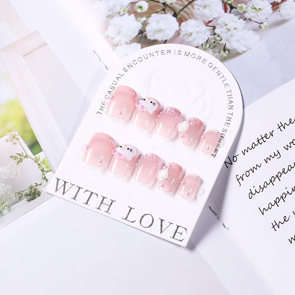 24pcs for hello kitty Nail Stickers - Cute Cartoon Design, Glossy Finish, Removable Press-On Nails for Manicure & Pedicure, Perfect for Hand & Foot Care, Nail Art Supplies | Cartoon Nail Art | Glossy Finish Nails, Nail Decora