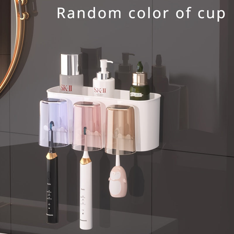 Durable Plastic Space-Saving Wall-Mounted Holder - Multi-Cup Toothbrush & Mouthwash Organizer with Ample Storage