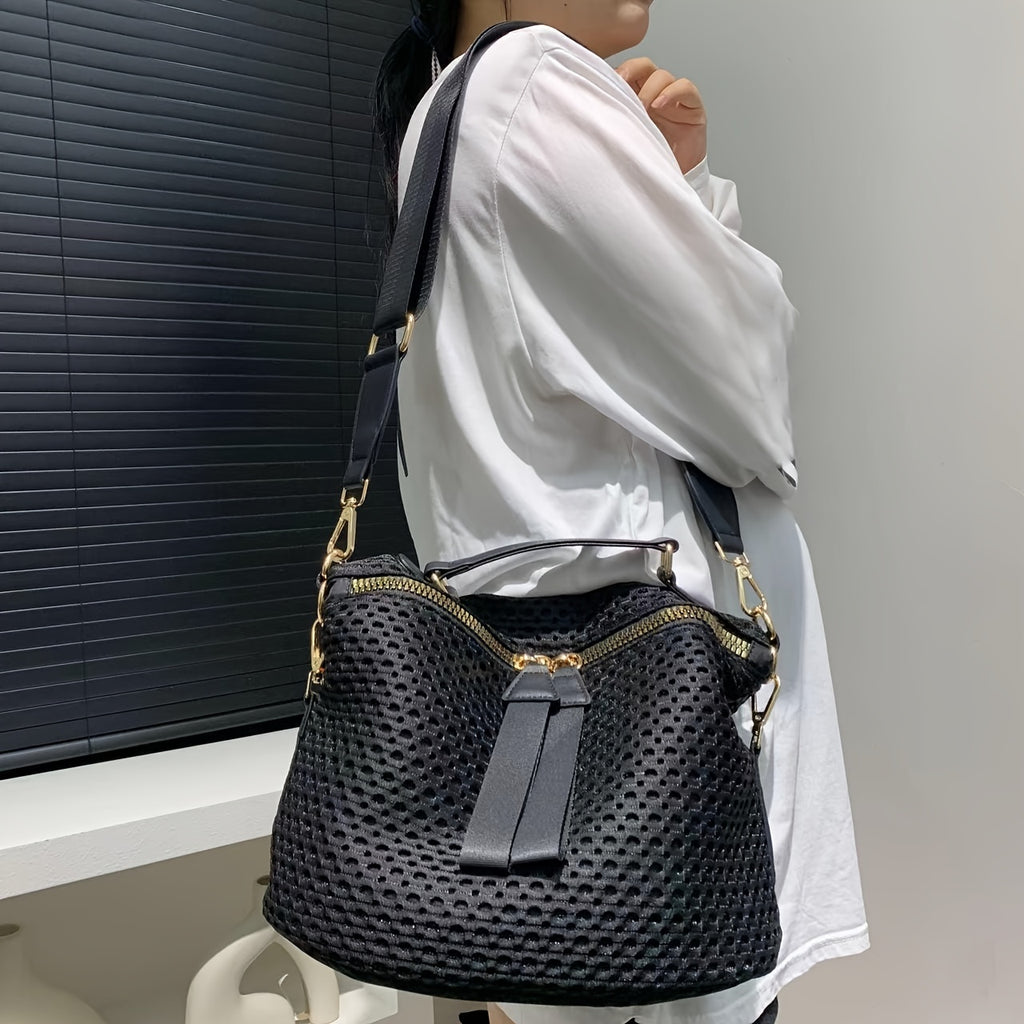 [Mesh Crossbody Bag] Lightweight Black Nylon Mesh Crossbody Bag - Chic Women's, Versatile with Wide Strap & Detachable Shoulder Strap, Zip Closure