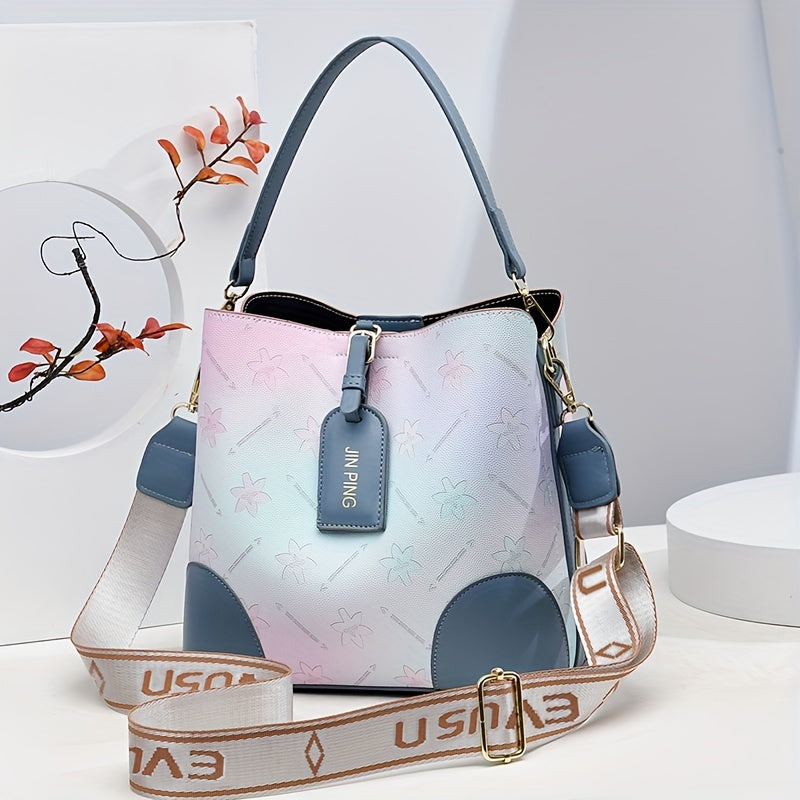 [Trendy Bucket Bag] Trendy Ombre Bucket Bag | Letter Print Handbag, Fashion Buckle Decor, Women's Every Day Purses