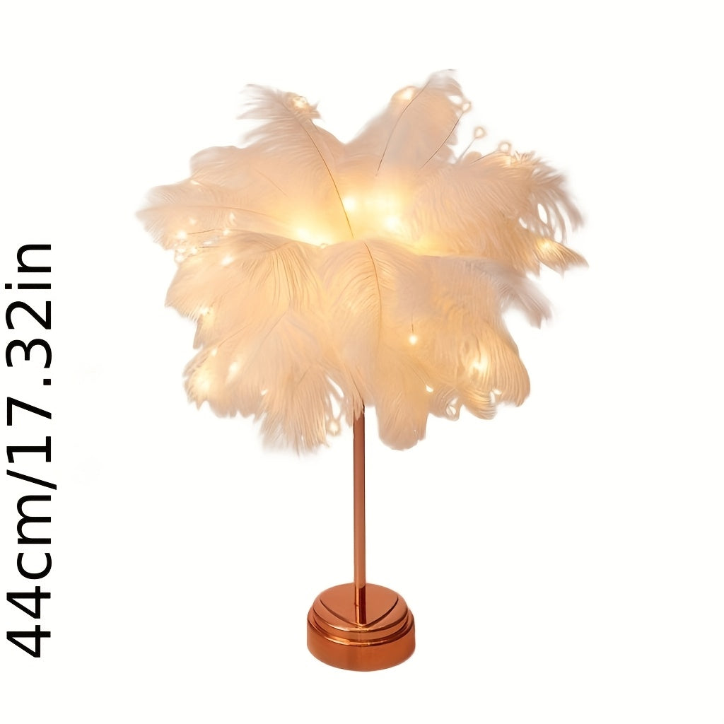 [Pink Feather Table Lamp] Large Modern Artificial Feather Table Lamp with LED Uplight | Elegant Pink & White Design, Brushed Finish, Battery-Powered for Bedroom, Living Room, KTV, Cafe, or Home Decor