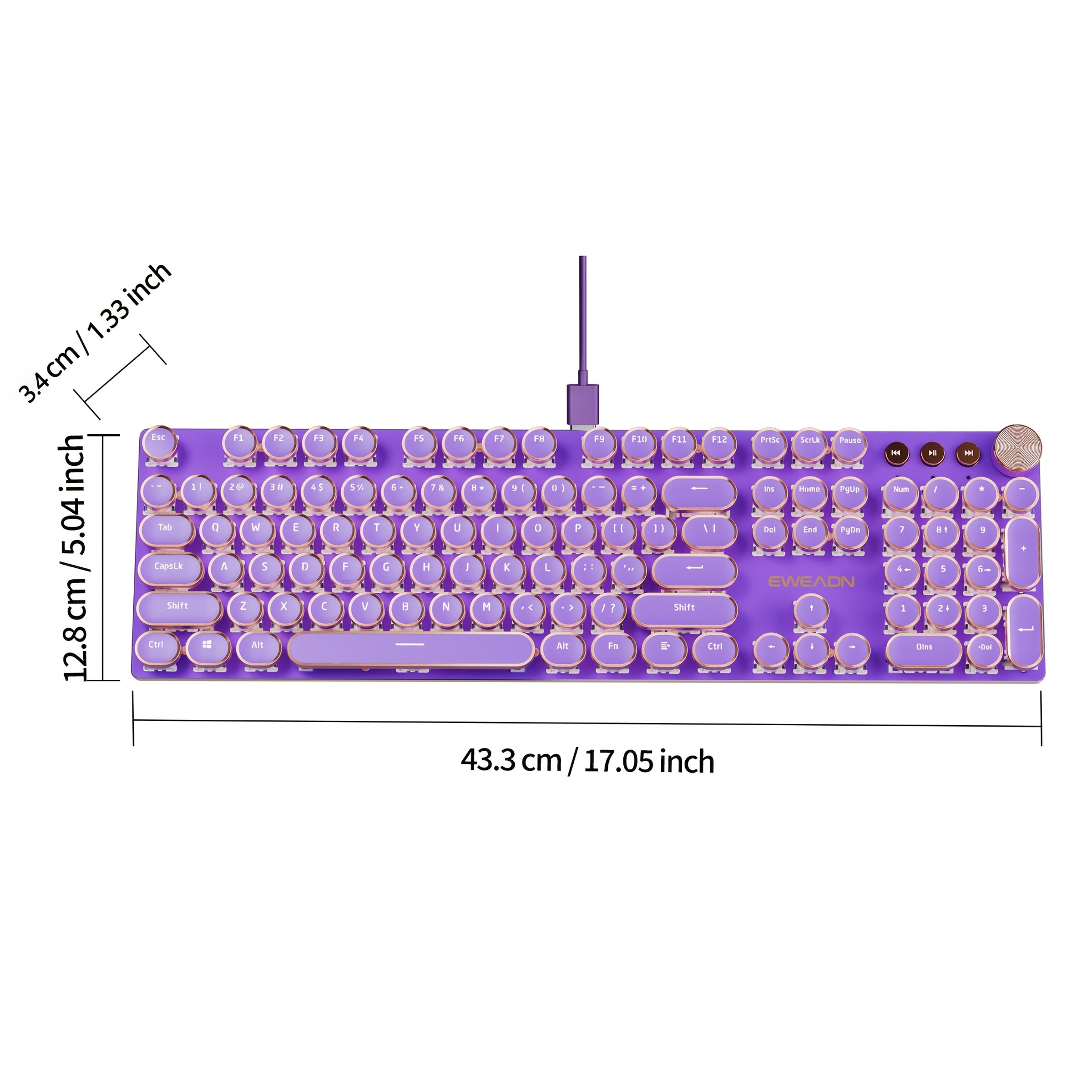 [Retro Typewriter Keyboard] EWEADN V20 Retro Typewriter Mechanical Gaming Keyboard | Full Size 104 Keys, Purple & Golden Vintage Design, LED Backlit, Pink Switches, Ergonomic Anti-Splash, Multimedia Knob, USB Wired for PC/Lap