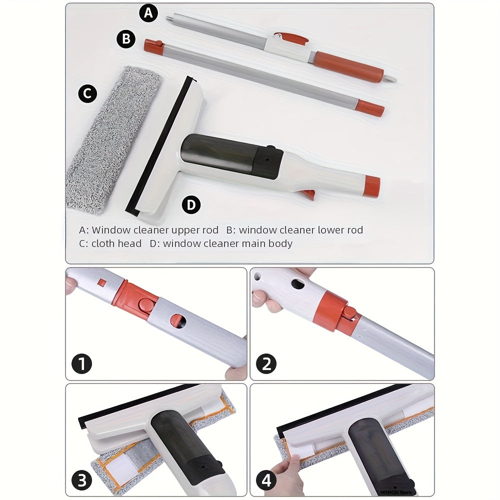 Three-in-One Glass Cleaning Kit - Durable Metal Rod with Scraper, Suitable for High Windows, Shower Doors, and Car Windshields - Essential Home Cleaning Tool with High-Pressure Spray Wand, Ergonomic Handle Design for Window a