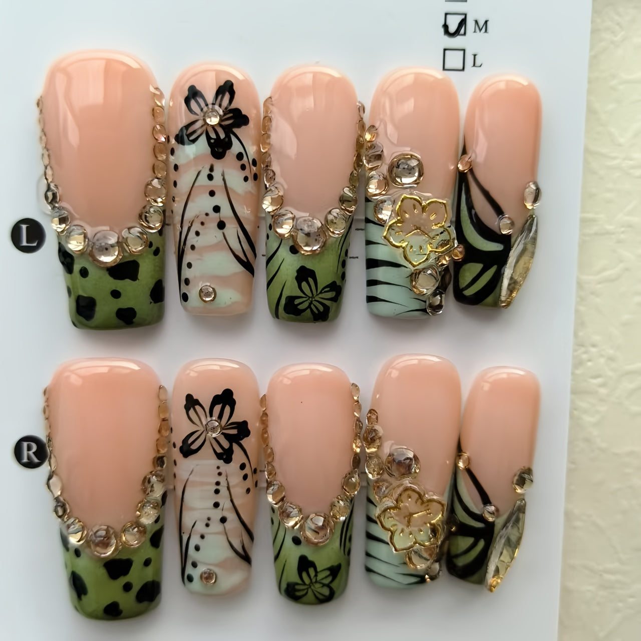 10pcs Handmade Press On Nails Green French Tip Fake Nails with Leopard Zebra Print Design, 3D Butterfly Rhinestone Stick On Nails, Glossy Long Coffin False Nails for Women Girls
