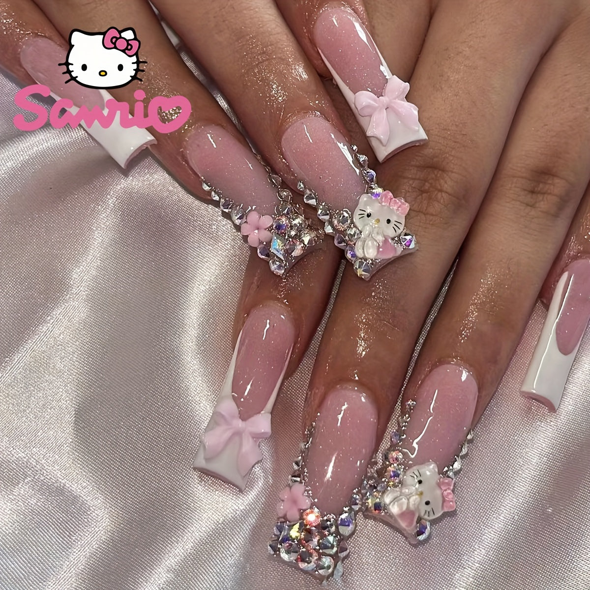 24-Piece Set of Super Long Square Shaped Glossy Press On Nails - Featuring Hello Kitty 3D Glitter Charms, Pink Floral Patterns, and Bow Embellishments for Glamorous Daily Use, Dates, and Parties - Includes Easy-Apply Jelly Ad