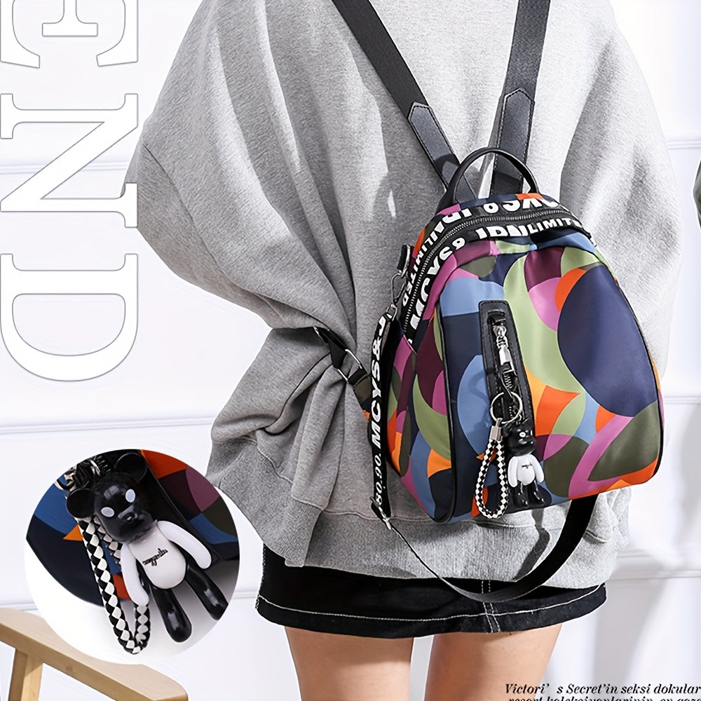 Women's Colorful Geometric Oxford Cloth Backpack - Multifunctional Handbag, Shoulder Bag & Crossbody Purse with Adjustable Straps, Zipper Closure & Bonus Teddy Bear Keychain Accessory, Versatile Travel Purse | Trendy Women's