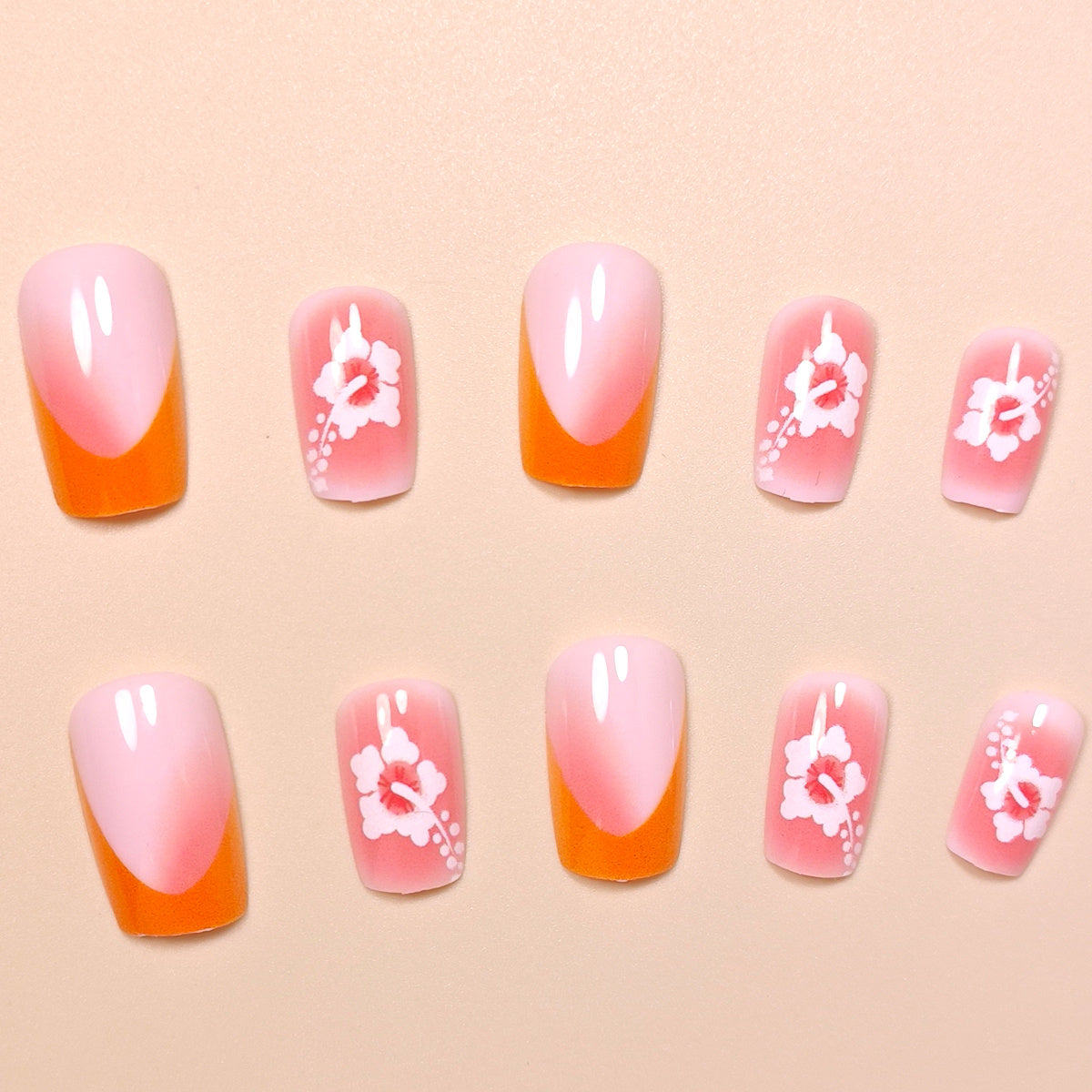 Enhance Your Beauty 24pcs Medium Square Classic Elegant Pumpkin Orange French-Style White Flower Stripe Dot Pink Gradient Ombre Glossy French-Style Fake Nails Fashion Versatile Press-On Nails for Spring Summer Women and Autum