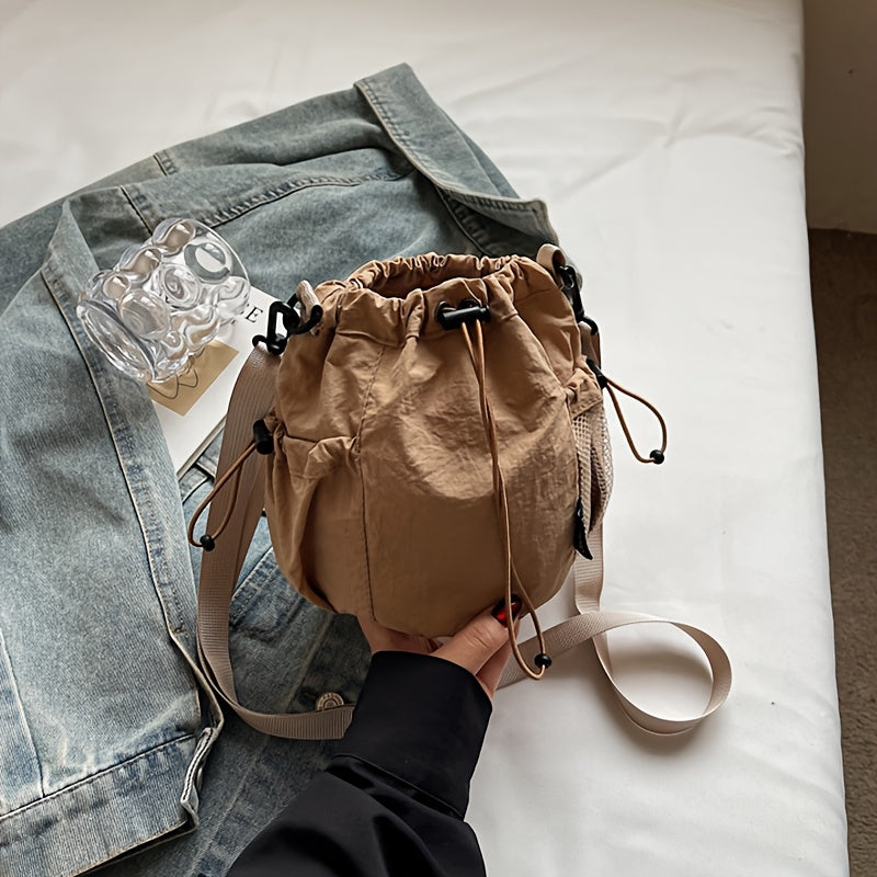 Women's Lightweight Crossbody Bag, Convertible Clutch Purse with Adjustable Strap, Drawstring Closure, Side Mesh Pocket, Compact Everyday Bag for Women, Travel, Work, Dates, Available in Purple, Black, Green, Blue, Khaki, Ide