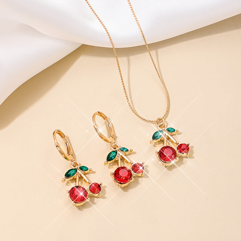 [Birthday Gift, Holiday Gift] 1 Set of New Sweet And Cute Style Red Cherry Pendant Necklace And Earrings Set, Suitable for Daily Wear And Vacation, Birthday Gift, Holiday Gift, The Best Gift for Girlfriend And