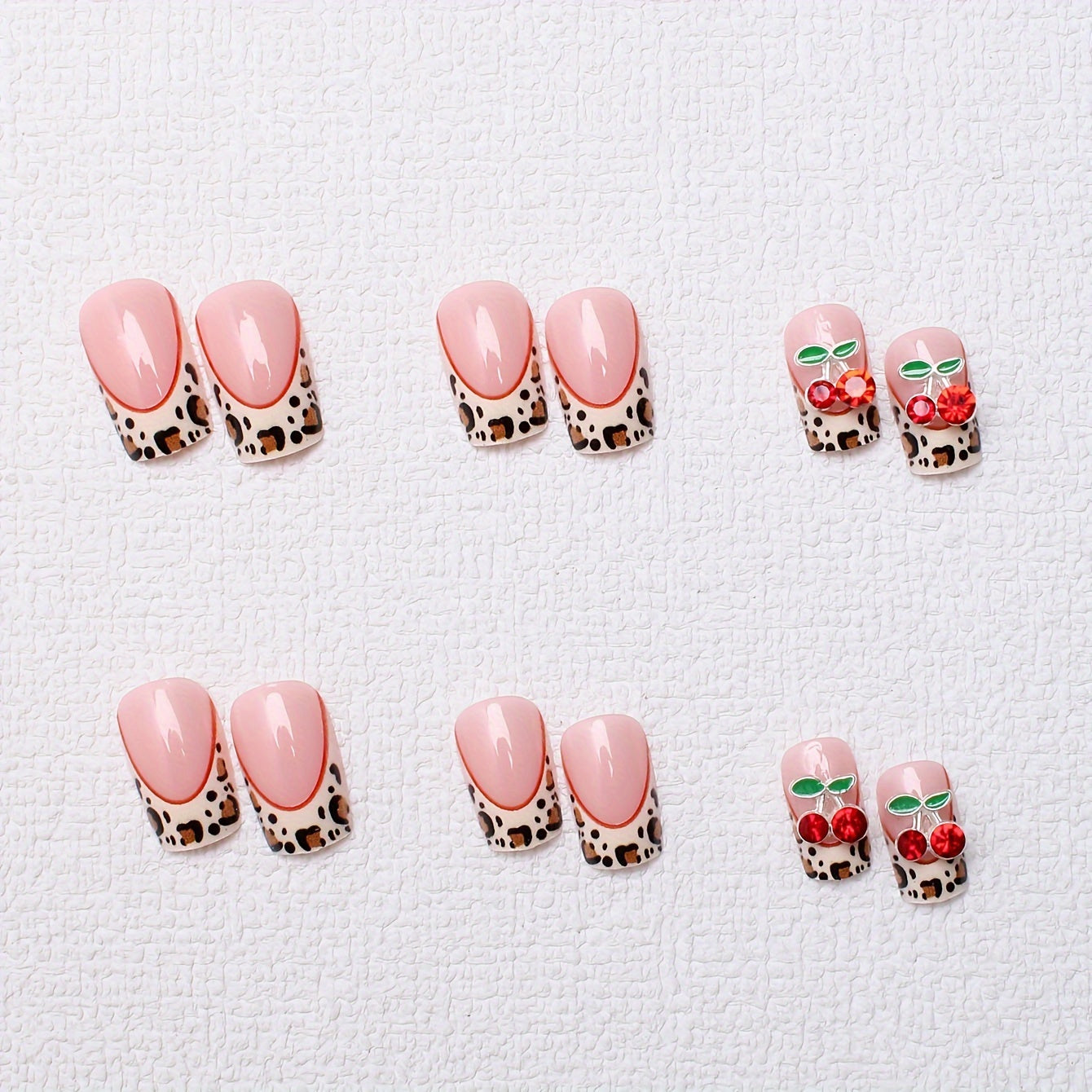 24pcs square style pressed nail pieces, French leopard print hand pasted cherry jewelry pattern design with shiny fake nails, suitable for daily wear, with jelly glue and filing strips included,  Medium Length False Nails, Ch