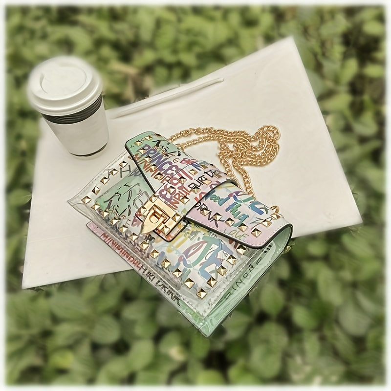 Chic Graffiti-Style Crossbody Bag, Mixed Color Transparent Shoulder Purse with Golden-Tone Hardware, Fashionable and Versatile, Secure Zip Closure, Casual Accessory|Graffiti Artistry|Goldtone Chain, Small Crossbody Bag