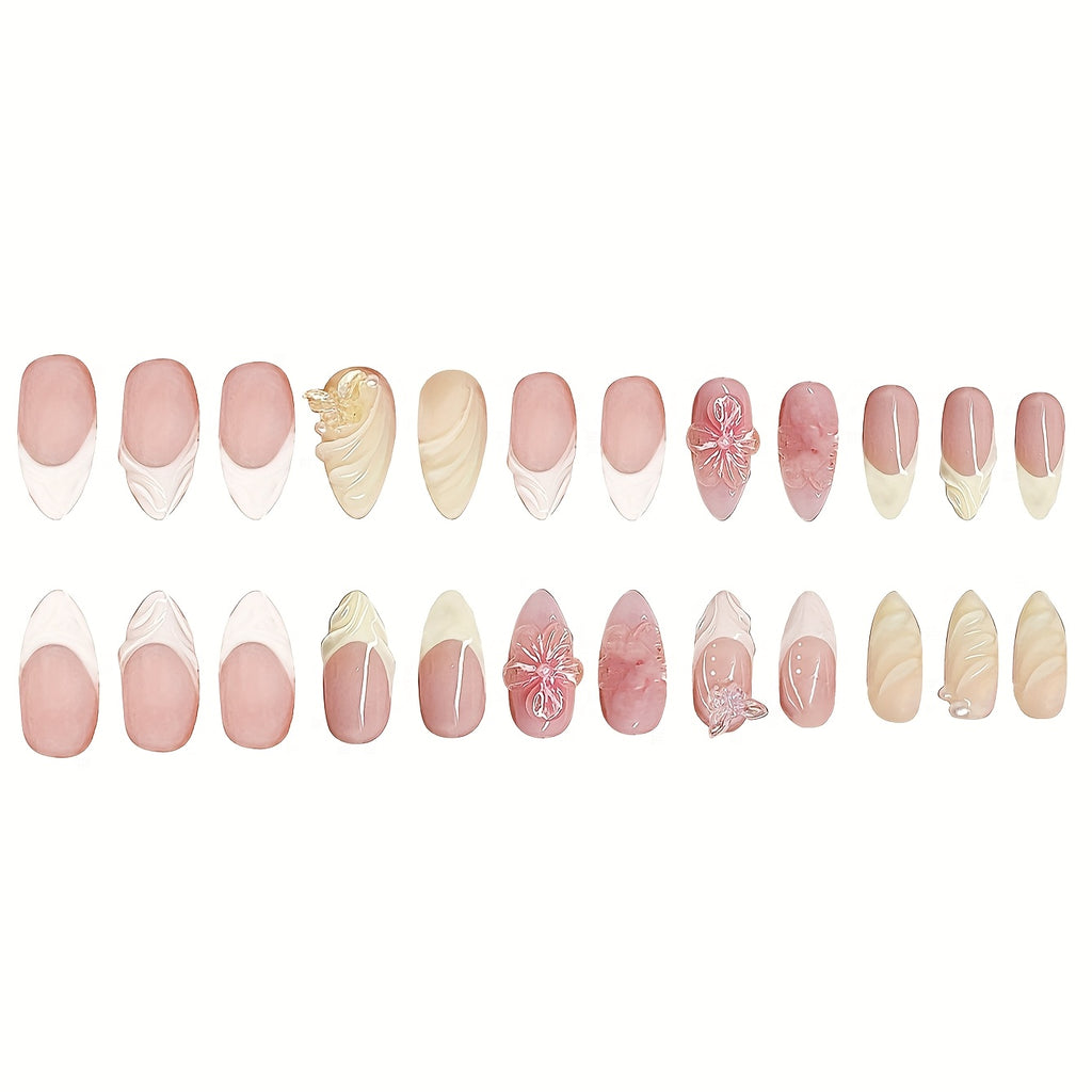 24pcs Almond-Shaped False Nails Set, Sweet French-Style Elegant Spiral 3D Cute Butterfly Delicate Flower Design, Suitable for All Women and, Includes Nail File and Jelly Glue for Easy Application, Diy Nail Design, Elegant Fre