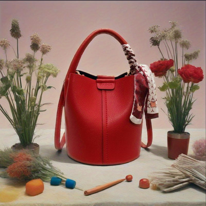 Designer Fashion Red Bucket Bag for Women, Spring/Summer, Solid Color, Magnetic Closure, Hand Wash, with Lining, Messenger Shoulder Bag