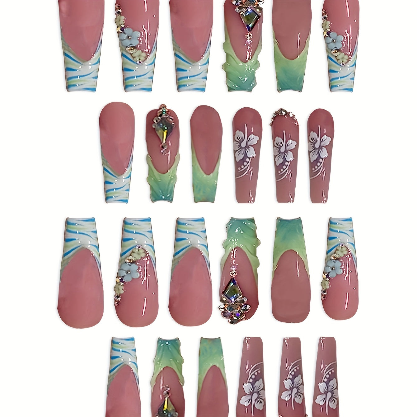 A Set of 24 Press-On Fake Nails Featuring Green 3D Flowers And Rhinestones, Along with Long Ballet-Shaped Nails in Green French Stripes. These Stylish Press-On Nails Come with a Nail File And Jelly Glue, Suitable for Everyday