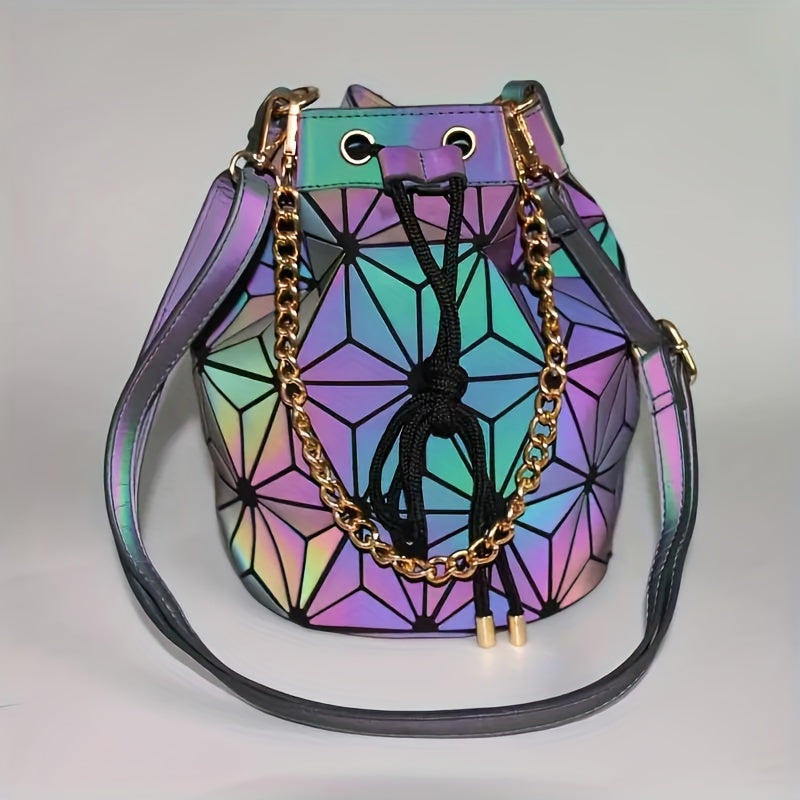 Mini Luminous Drawstring Bucket Bag, Trendy Crossbody Bag, Women's Geometric Handbag & Shoulder Bag