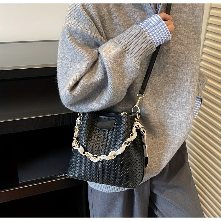 Women's Woven Tote & Bucket Bag - Convertible Crossbody/Handbag with Golden-Tone Hardware, Beige/Black Detachable Strap, Retro Woven-Pattern Shoulder Purse for, Casual & Formal Events (Adjustable, Snap Closure)