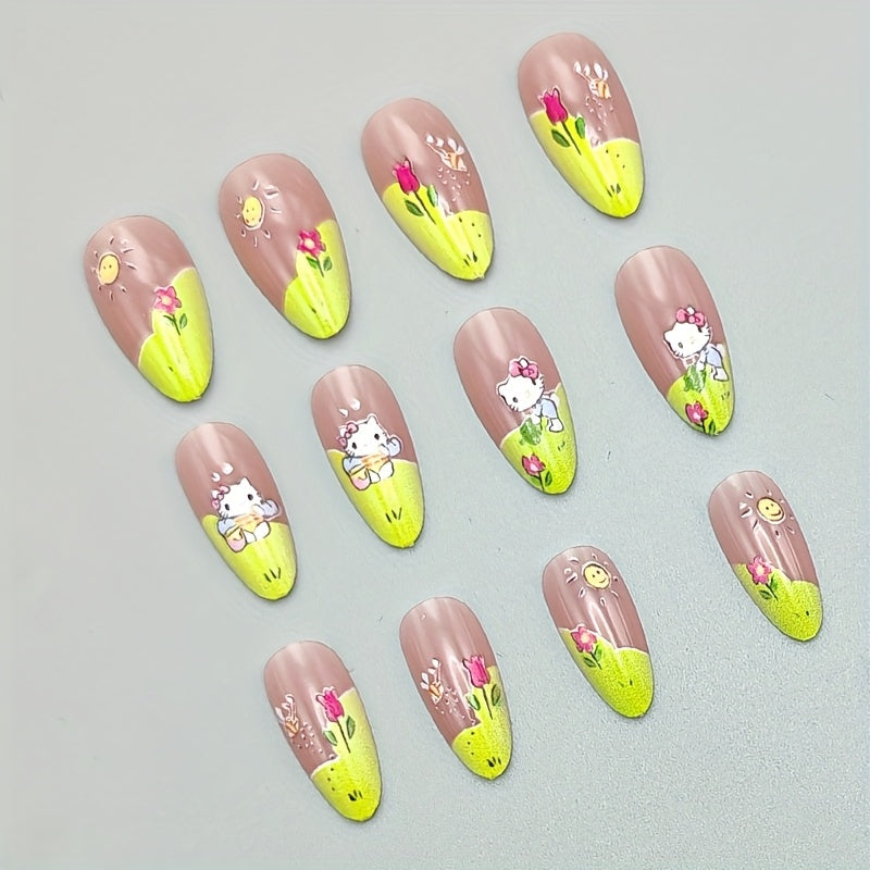 24pcs Short Almond Summer Cute Sanrio Cartoon Hello Kitty Colorful Sunflower Bee Pattern Green French Edge Full Cover Fake Nail Stickers Set for Women & s