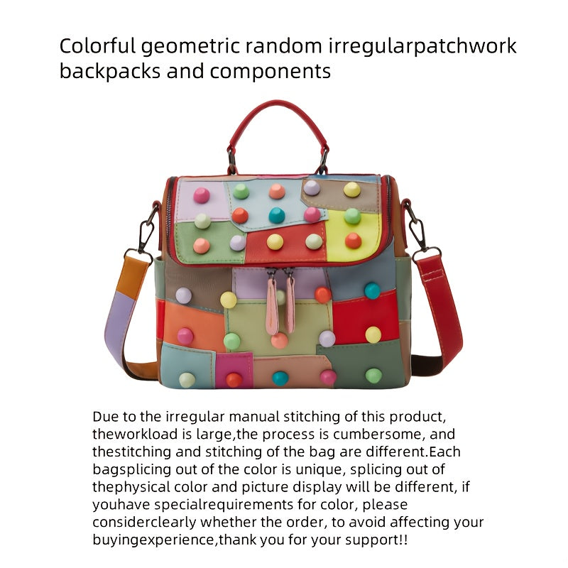 [Geometric Crossbody Bag] Light Brown Geometric Women's Crossbody Bag | Detachable Strap, Multi-Color Irregular Design, Zipper Closure, Spacious Tote with Back Pocket & Rivet Accents, Polyester Lining for Daily Commute & Casu