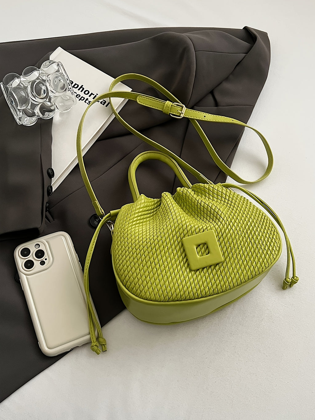 Elegant Lime Green Women's Handbag - Chic Woven Texture, PU Material with Drawstring Closure, Stylish Small Tote for Everyday Use, Cute Purse