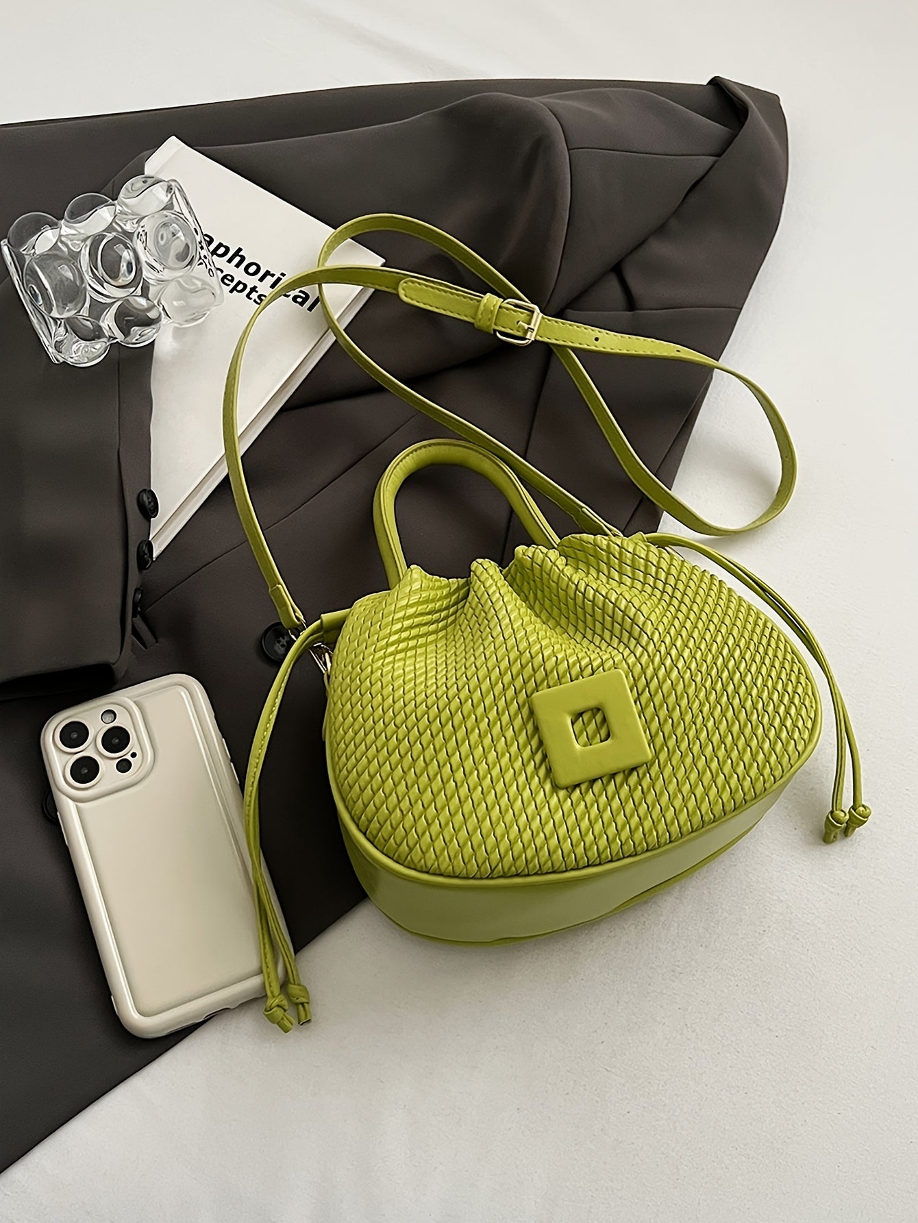 Elegant Lime Green Women's Handbag - Chic Woven Texture, PU Material with Drawstring Closure, Stylish Small Tote for Everyday Use, Cute Purse