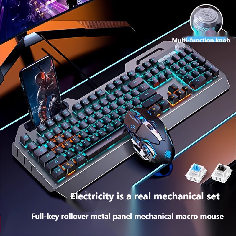 Ergonomic Gaming Keyboard - Wired, Faux Mechanical Feel, LED Color Backlight, USB Connection, 104 Keys Full Metal Panel, Multimedia Knob And Laptop Phone Holder Gift for Your Family Boyfriend